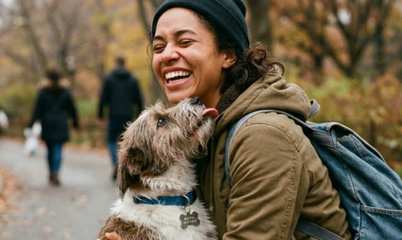 Laughing woman kneeling in a park to hug her dog after being reunited